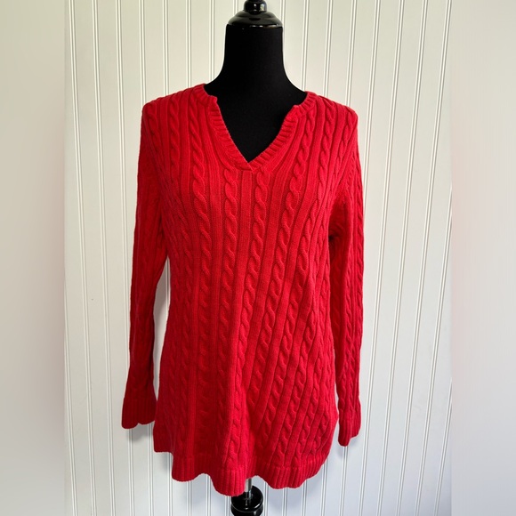 LL Bean Red Cable Knit Sweater Women’s Size Large V Neck Cotton - Picture 2 of 13